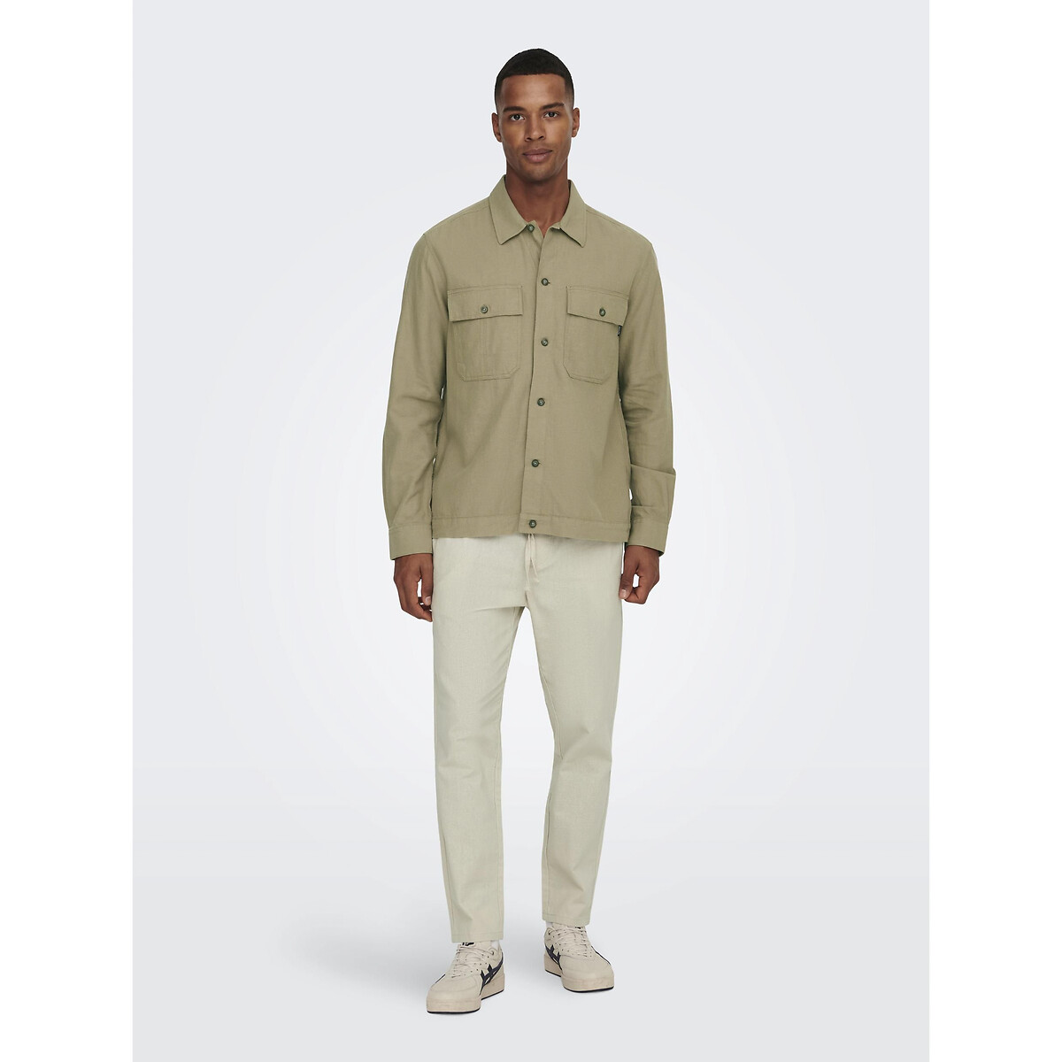 Pantalon à cordon de serrage coton lin beige, ONLY & SONS