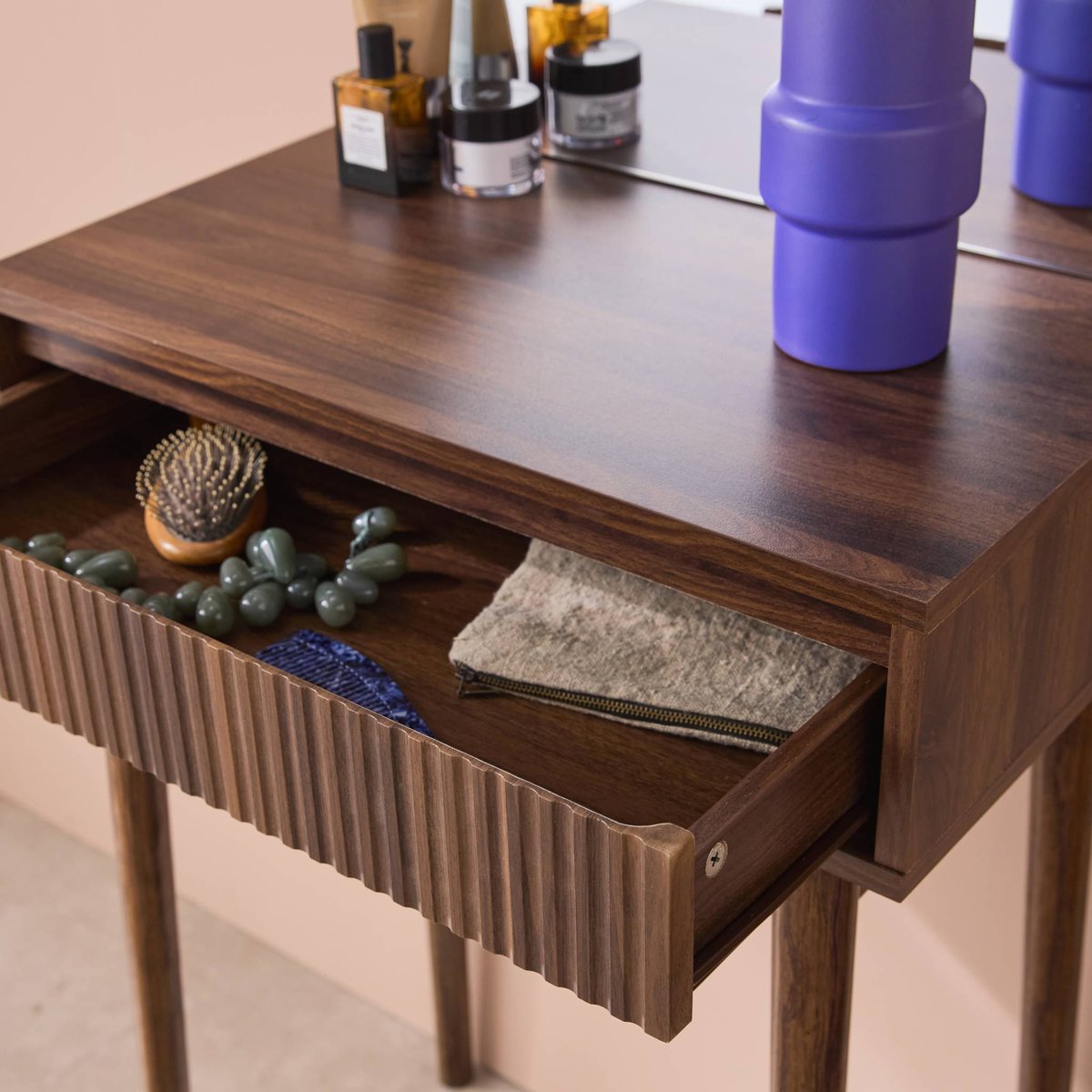 Coiffeuse décor bois miroir arrondi 1 tiroir LINEAR noyer, SWEEEK