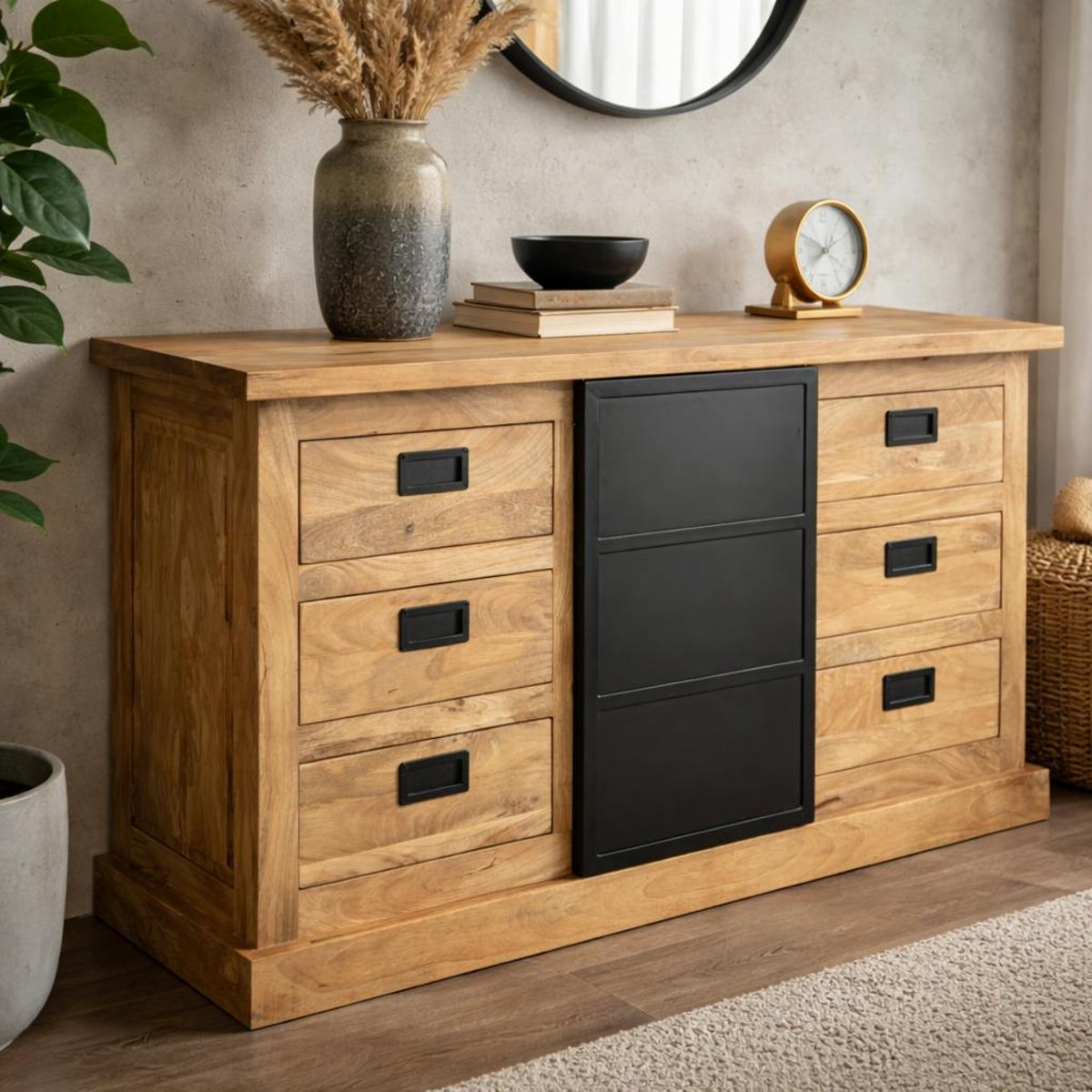 Buffet industriel moderne à porte coulissante 160 cm CEYLAN bois naturel, PIER IMPORT