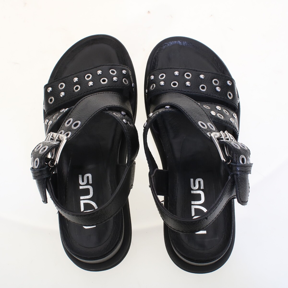Sandales compensées en cuir noir, MJUS