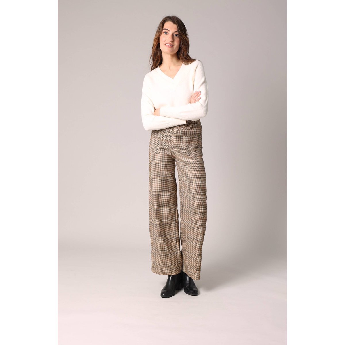 Pantalon à carreaux à jambes larges, style chic et confortable LYSIADE camel, DEELUXE