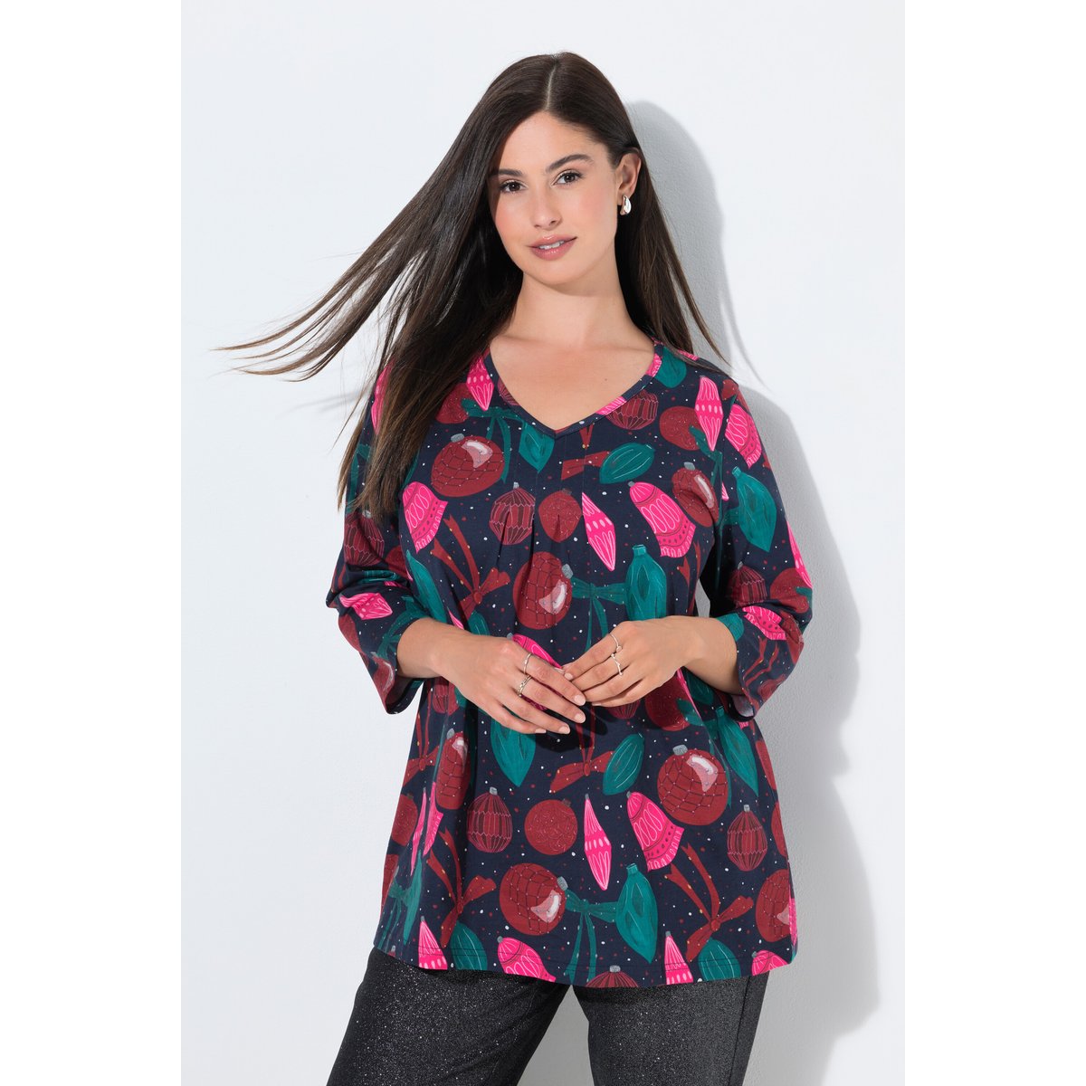 T-shirt de Noël à col en V et manches 3/4 marine, ULLA POPKEN