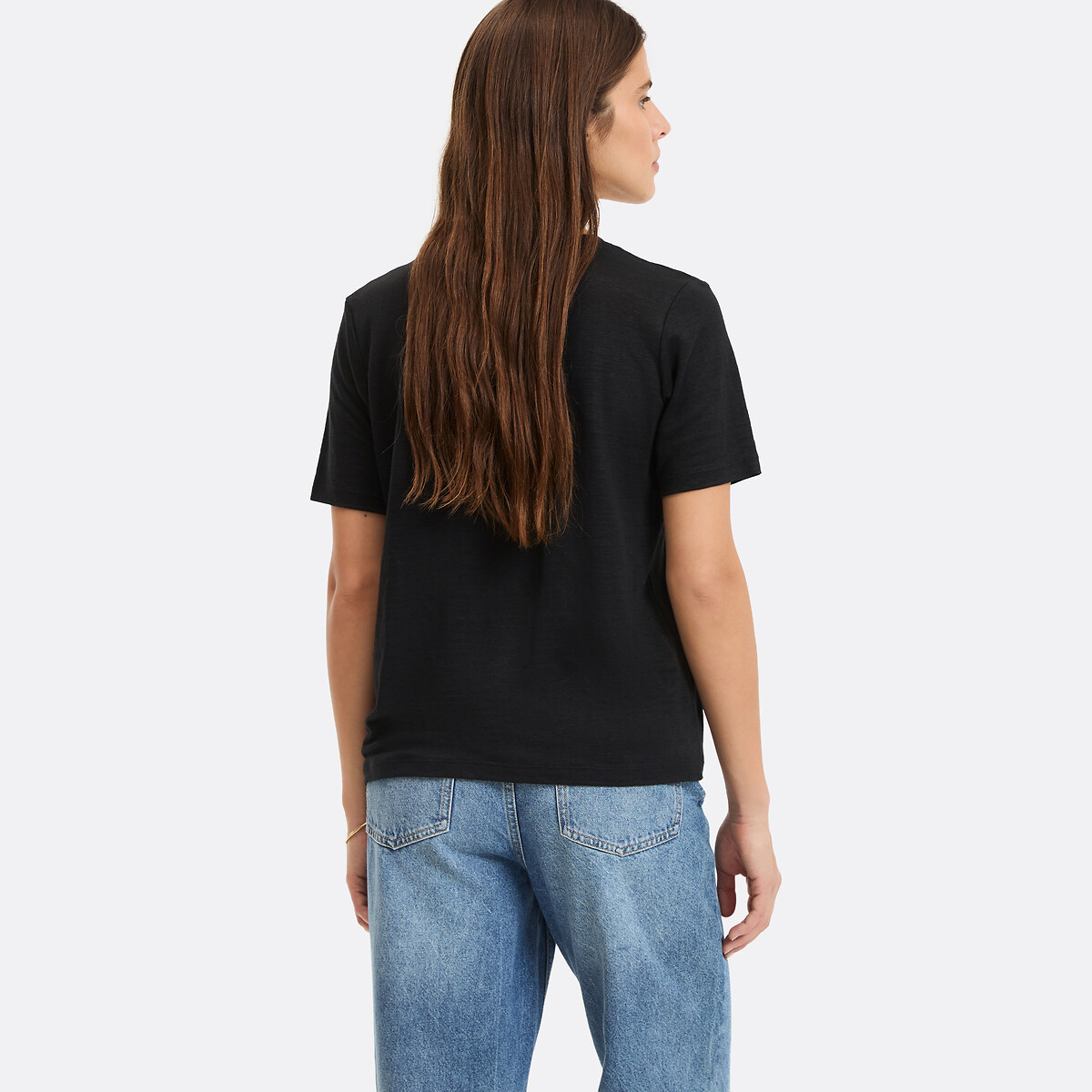 Linen Crew Neck T-Shirt with Short Sleeves black, LA REDOUTE COLLECTIONS
