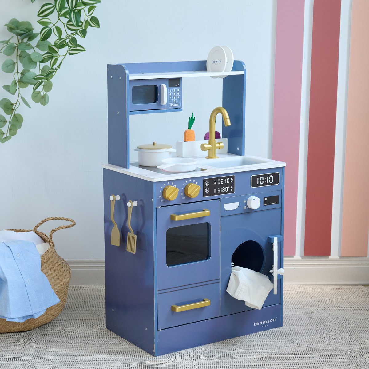 Cuisine bois enfant potager et machine à laver bleue, LITTLE CHEF couleur unique, TEAMSON KIDS