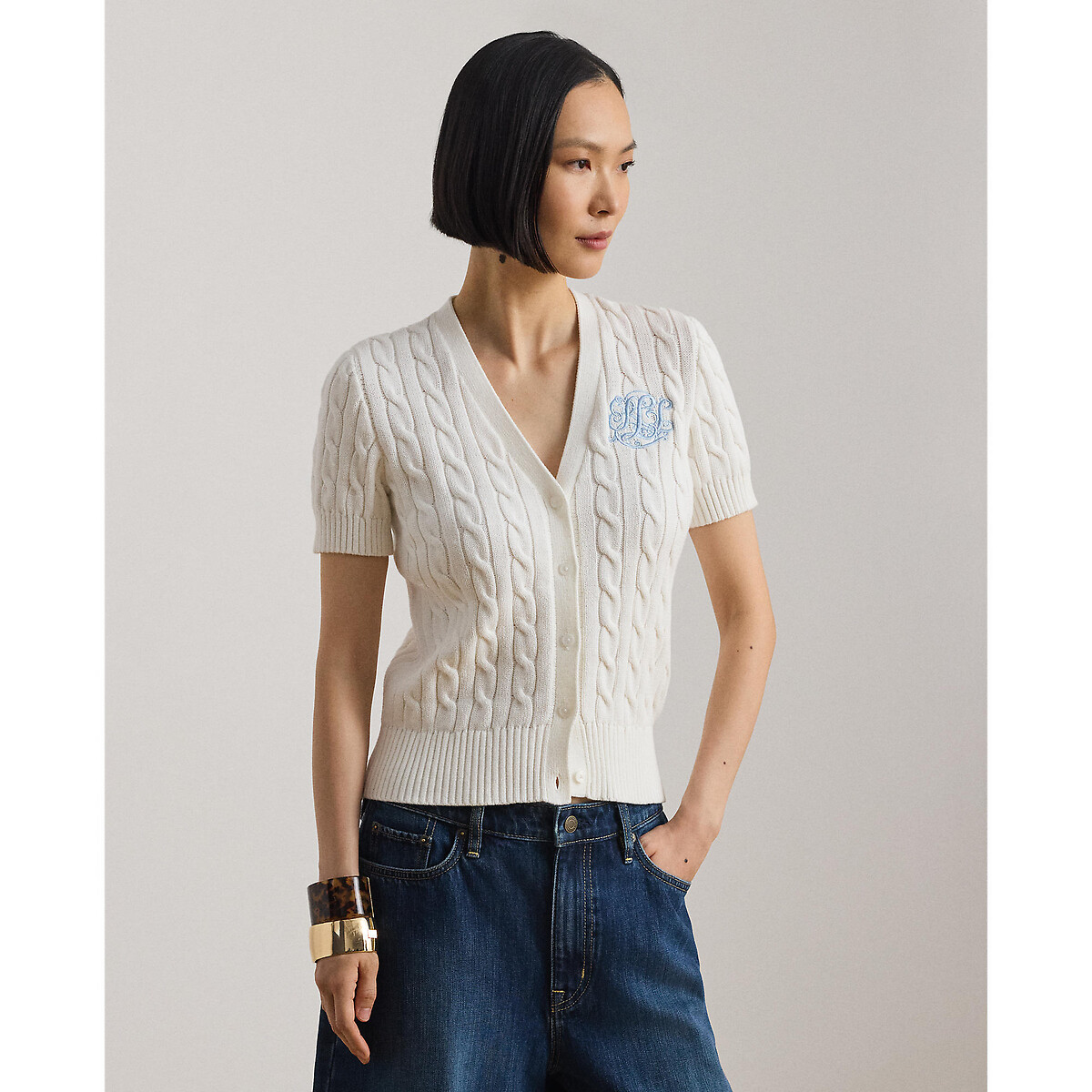 Cotton Cable Knit V-Neck Short Sleeve Cardigan white, LAUREN RALPH LAUREN