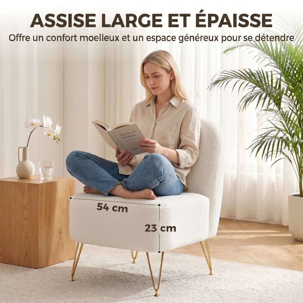 Accent Chair Tissu bouclette (100% polyester) blanc, HOMCOM