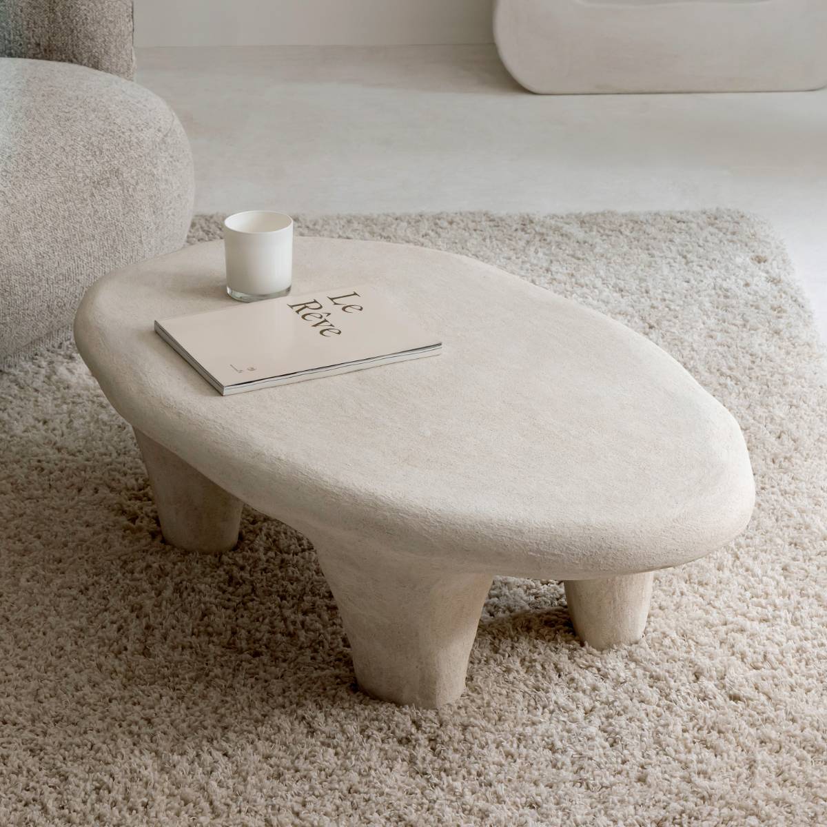 Table basse en bois effet béton ovale DANAÉ blanc, MADE IN MEUBLES
