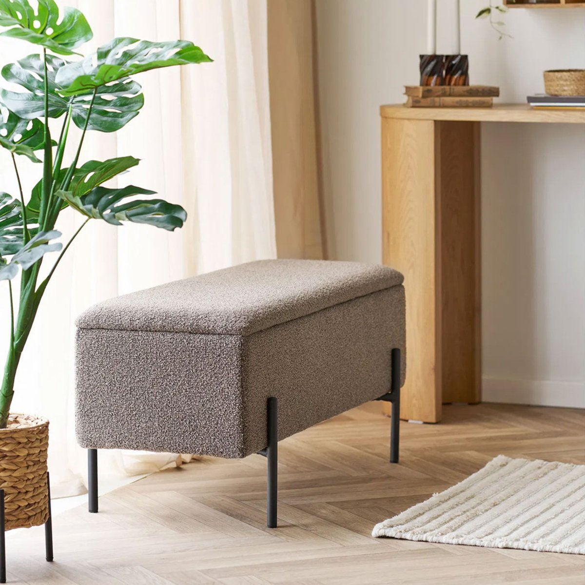 Banc coffre en tissu bouclette et métal L95cm- WATFORD marron glacé, HOUSE NORDIC