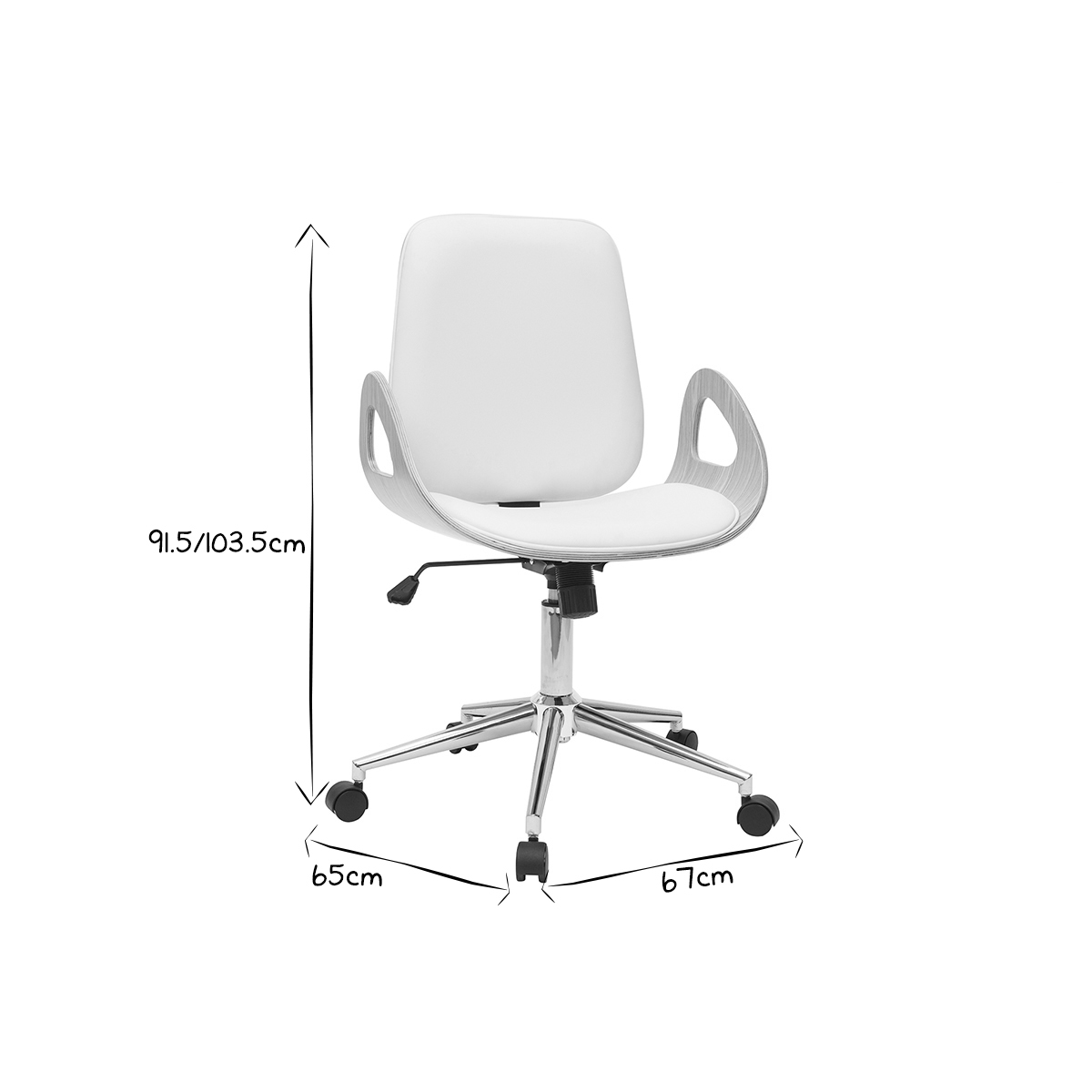 Chaise de bureau à roulettes design blanc, bois clair et acier chromé GLORY blanc, MILIBOO