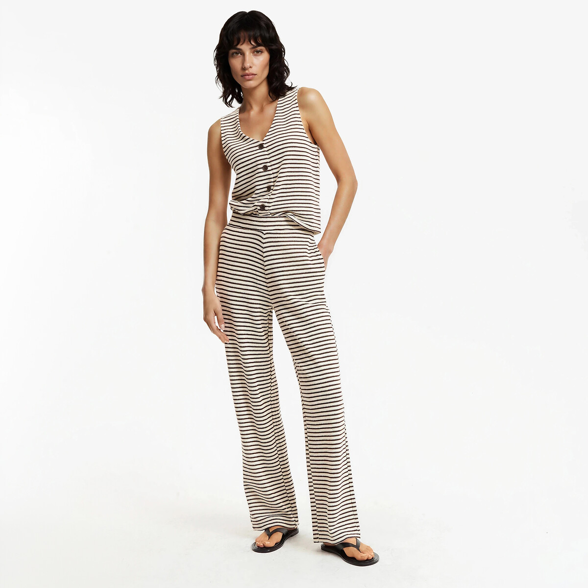 T-shirt senza maniche con scollo a V a righe rigato nero/bianco, LA REDOUTE COLLECTIONS