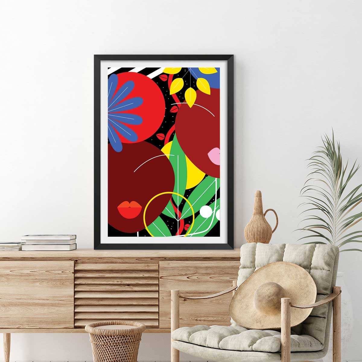 Affiche collage french kiss affiche + cadre en bois - noir, HEXOA