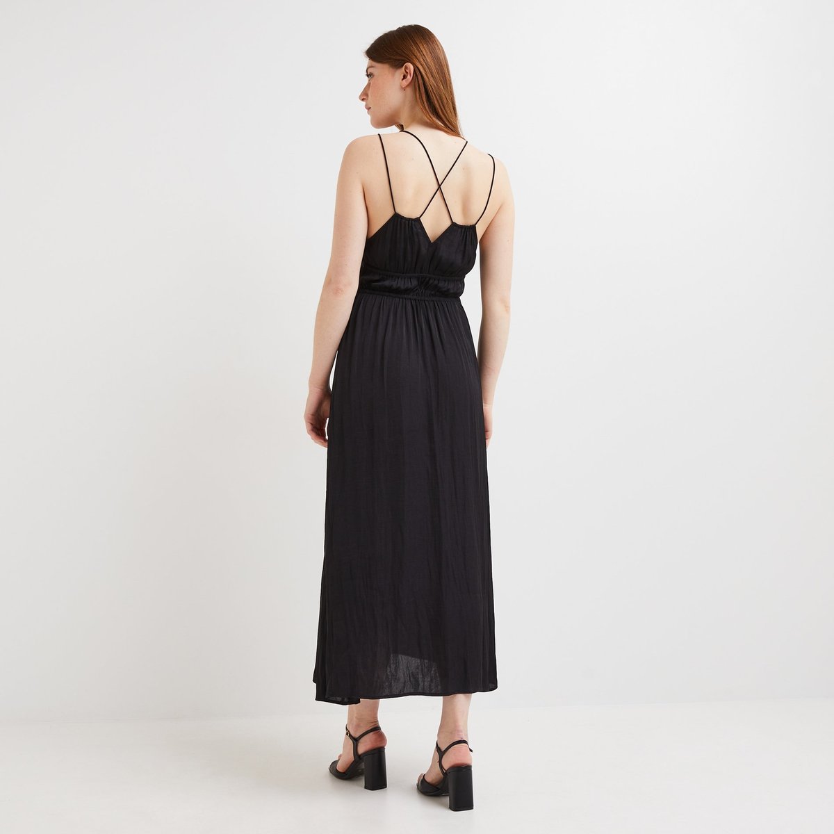 Robe midi satinée élastiquée taille noir, MONOPRIX