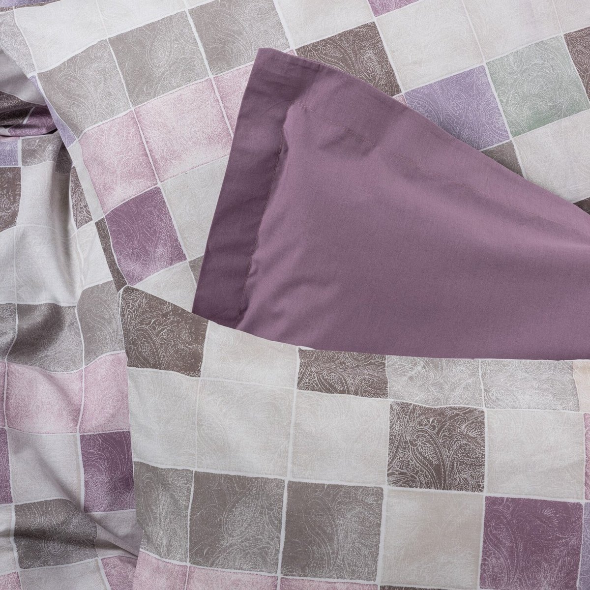 Parure housse de couette coton imprimée carreaux, Maro violet, C DESIGN HOME TEXTILE