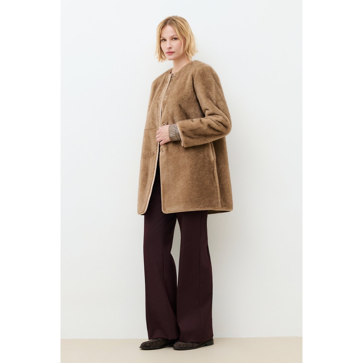 Manteau droit col rond imitation fourrure GFLOCON marron clair, CAROLL