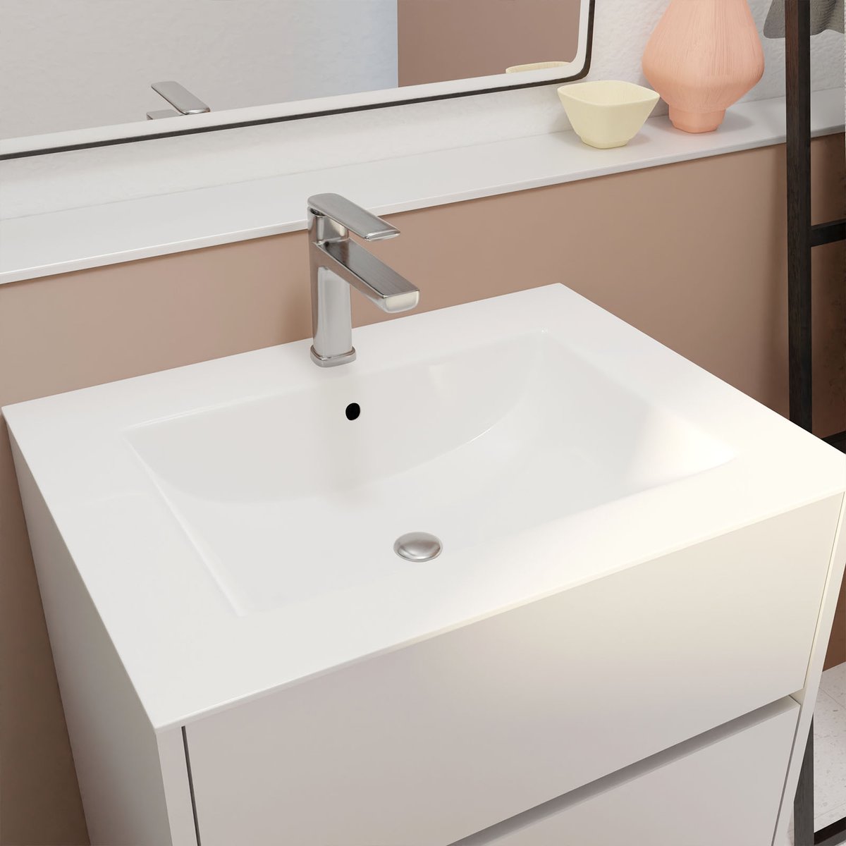 Meuble de salle de bains sur pieds avec 3 tiroirs et vasque en céramique blanc, HOME MAISON
