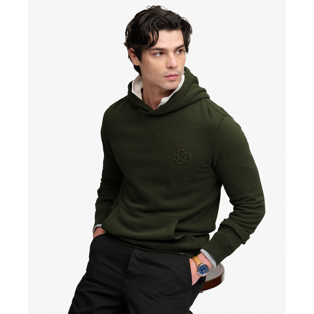 Sweat à capuche Company Logo Embossed Coupe Décontractée vert olive surplus goods, SUPERDRY