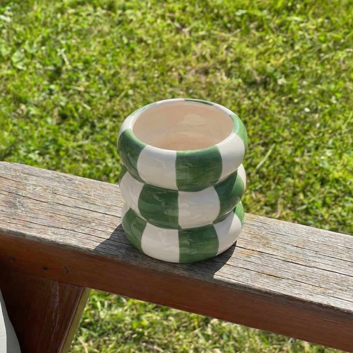 Cache pot en céramique à damiers, H10cm vert, ORNAMI