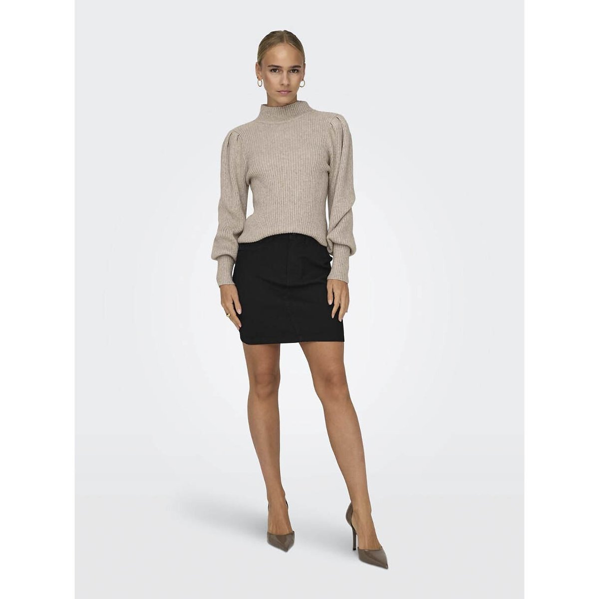 Pull con maniche a palloncino, girocollo beige chiaro, ONLY