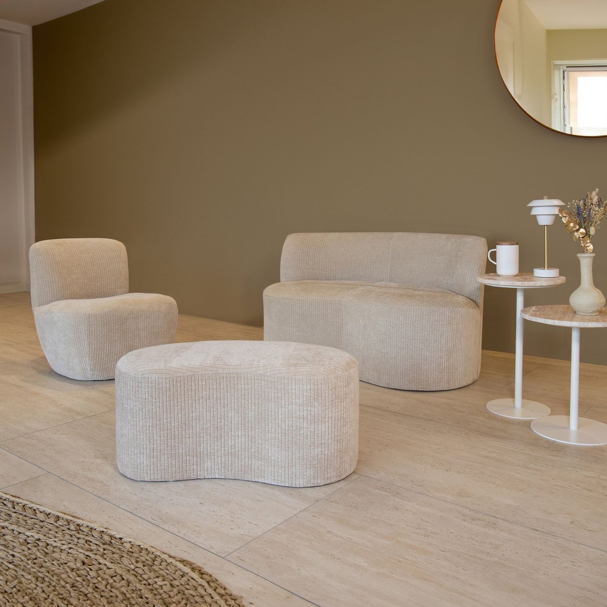 Banc en tissu bouclette et structure en bois, COME beige, NOW'S HOME