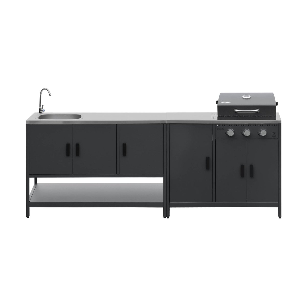 Cuisine d'extérieure 2 modules avec barbecue gaz 3 brûleurs sur pieds, thermomètre NAXOS BARBECUE GAZ + 1 MODULE noir, SWEEEK