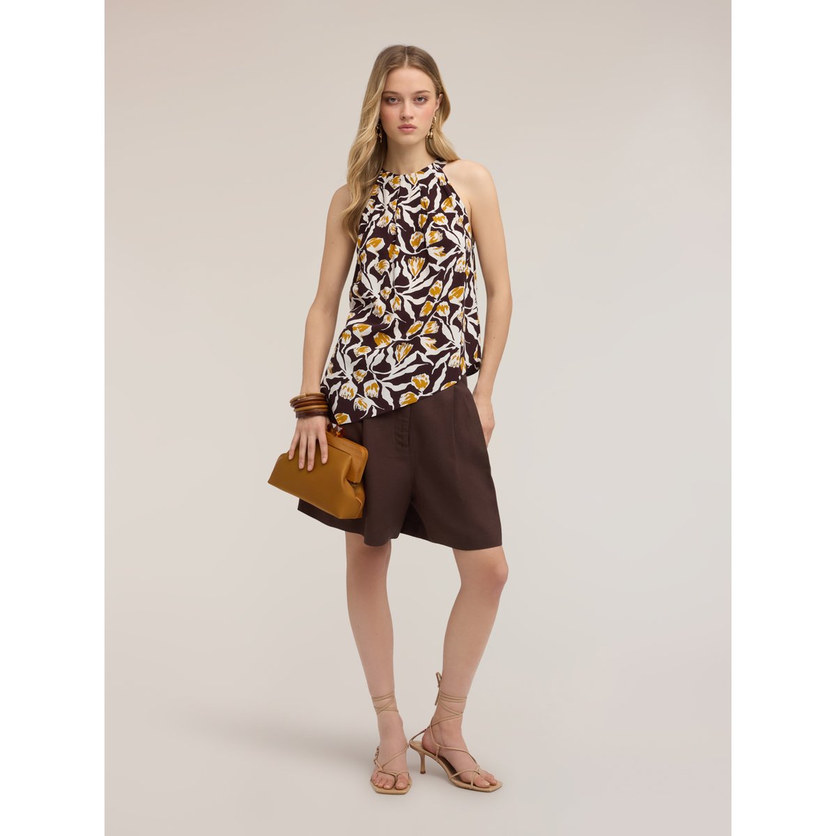 Top avec imprimé et drapé marron, MOTIVI