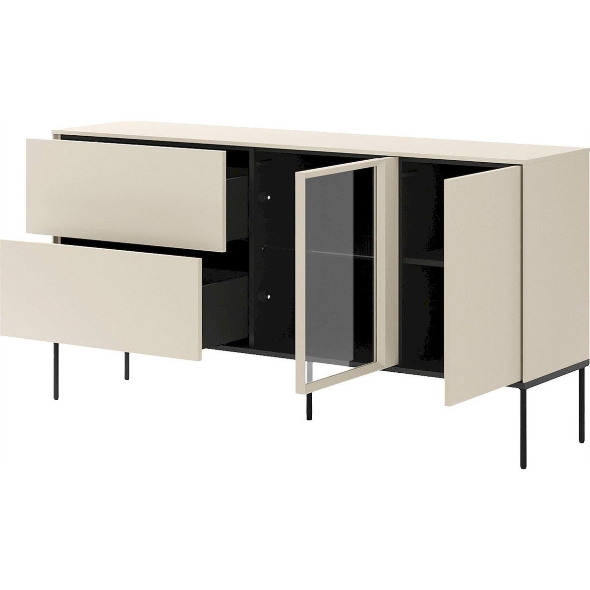 Buffet bas bois collection BELLEZO vitrine LED crème mat et noir, RECOLLECTION