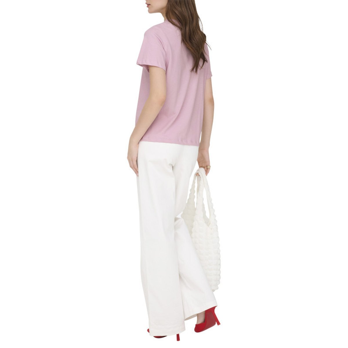 T-shirt en coton blanc uni avec une coupe droite et un col rond rose, JDY