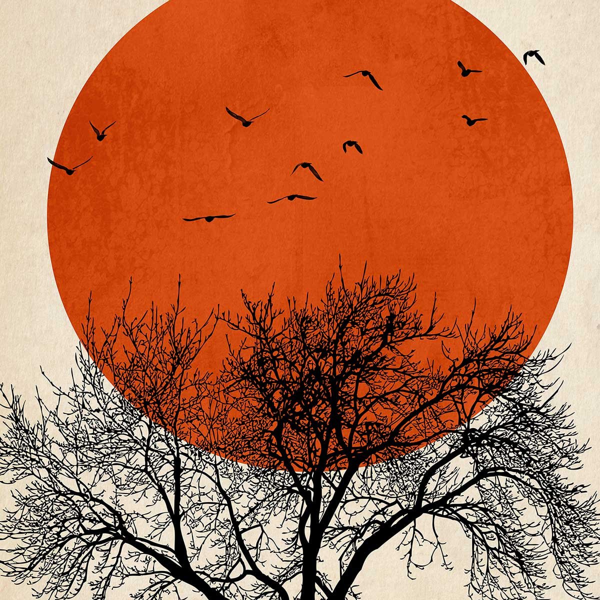 Affiche ""soleil rouge graphique"" affiche + cadre en bois - noir, HEXOA