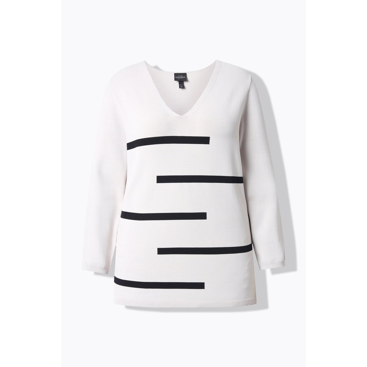 Pull à rayures, col en V et manches longues gris beige, ULLA POPKEN