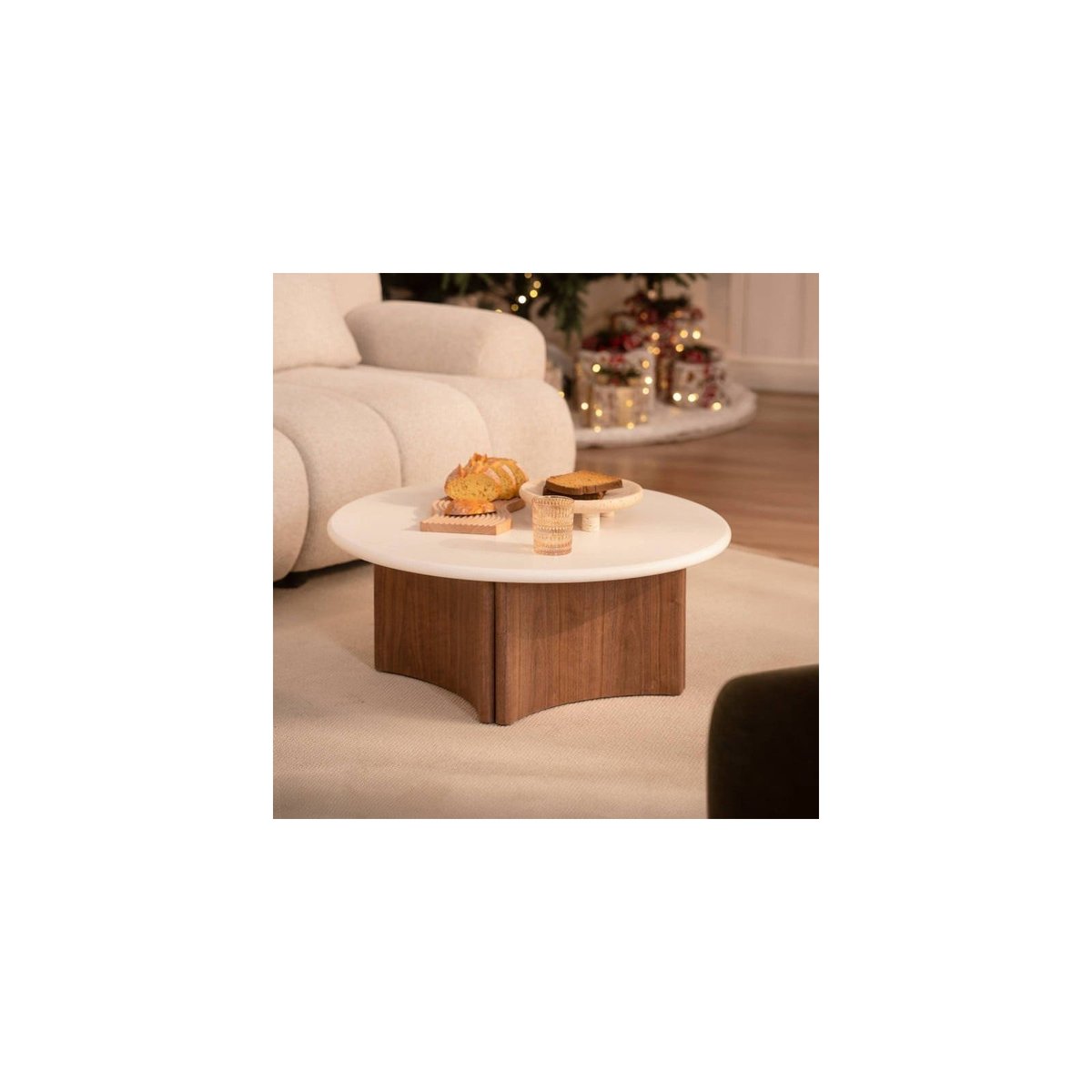Table basse ronde effet chêne et microciment blanc crème et chêne, RECOLLECTION