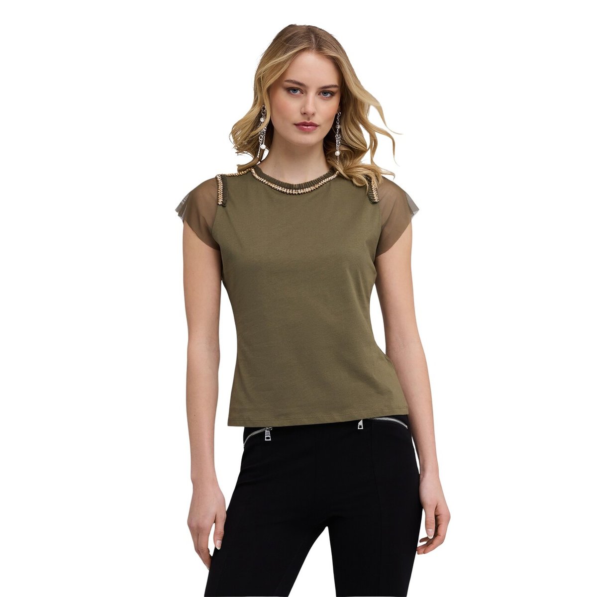T-shirt avec manches et broderies bijou verde militare, MOTIVI