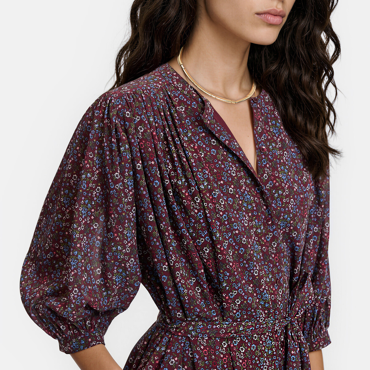 Langes Kleid mit Blumenmuster, 3/4-Ärmeln und Rundhalsausschnitt bordeauxrot geblümt, LA REDOUTE COLLECTIONS