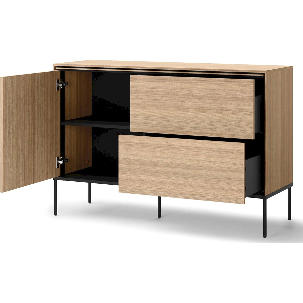 Commode 1 porte 2 tiroirs chêne collection VISSO chêne linéaire et noir, RECOLLECTION