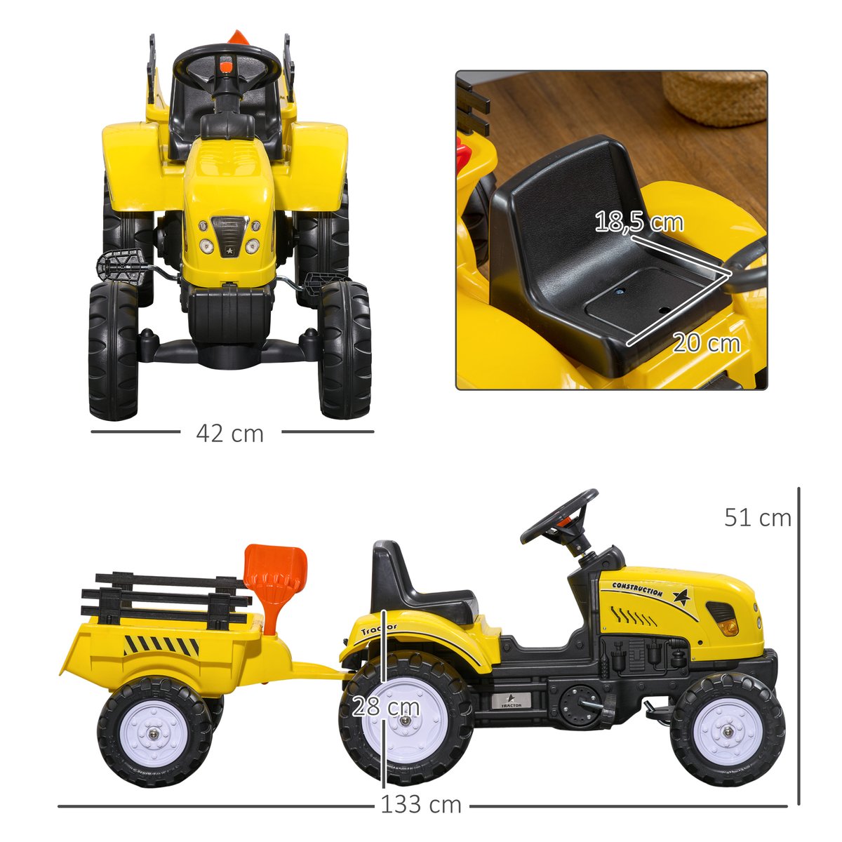Voiture de chantier à pédales pour enfants jaune, HOMCOM