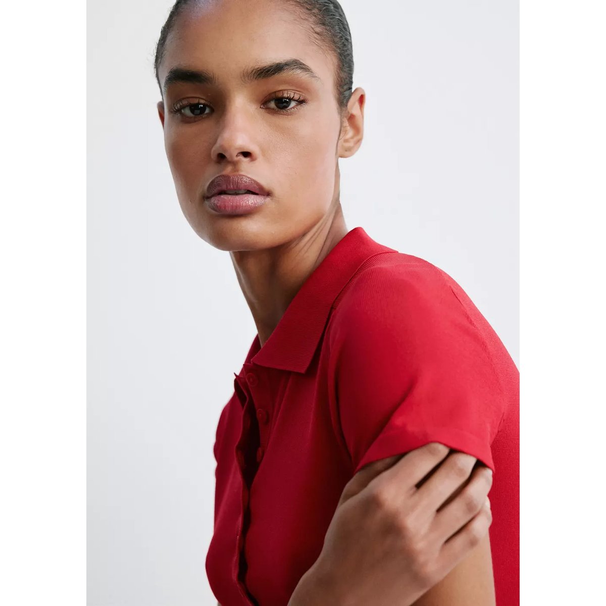 Robe maille col polo rouge, MANGO