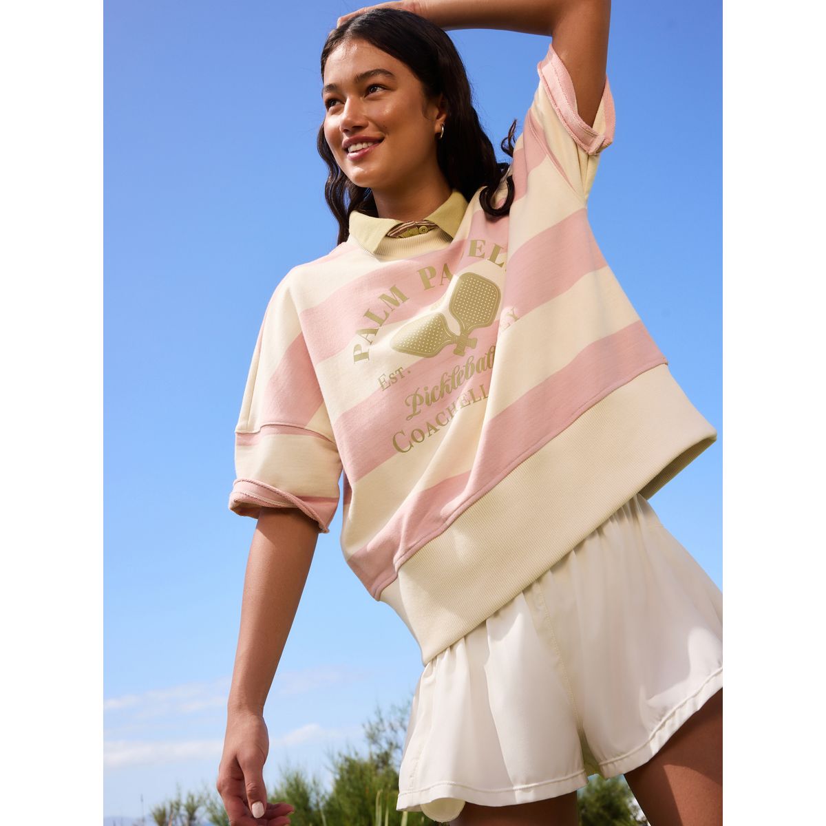 Sweat rayé à manches courtes et motif padel rose/écru, NEXT