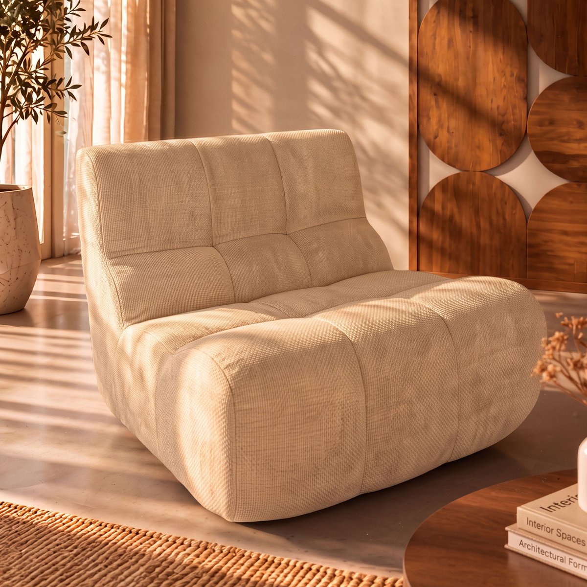 Fauteuil compressé lounge en tissu chenille, VOLTA ecru, NOW'S HOME