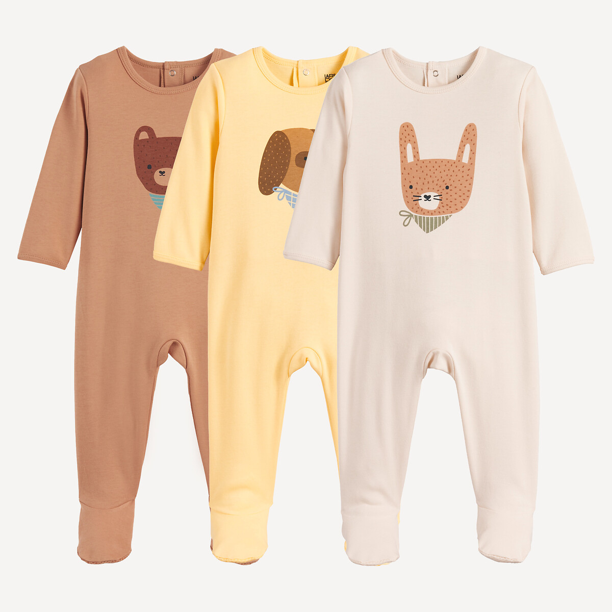 Lot de 3 pyjamas 1 pièce, en coton, motif animalier assortis, LA REDOUTE COLLECTIONS