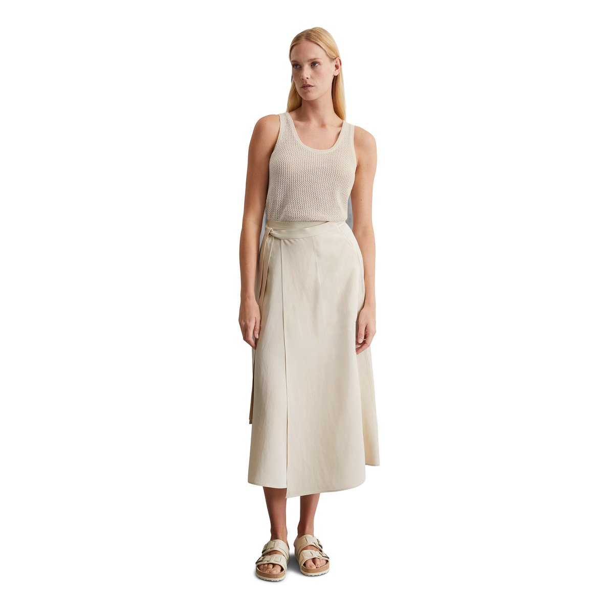 Jupe portefeuille flare en mélange TENCEL™ Lyocell-lin gris clair, MARC O'POLO