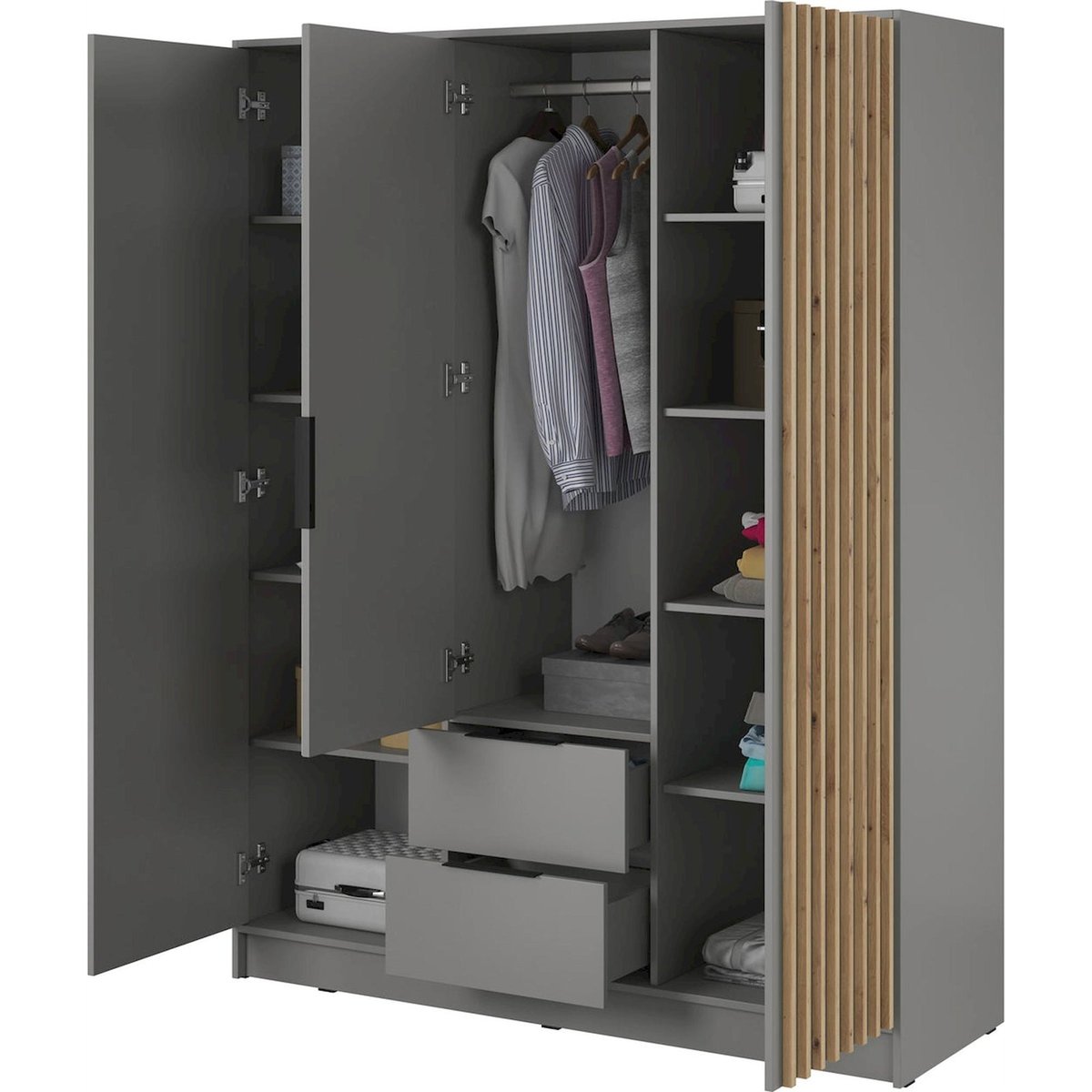 Armoire 3 portes à lattes collection KARETTE gris et bois clair, RECOLLECTION