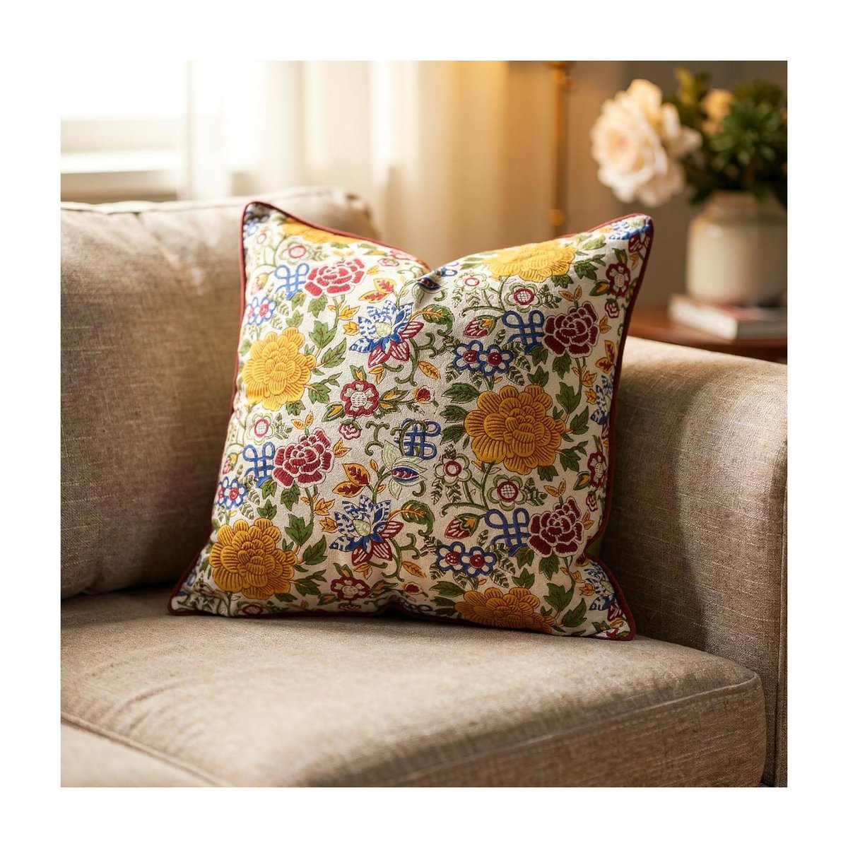 Housse de coussin Florali blanc, jaune, vert, rouge, bleu, ARCHIV