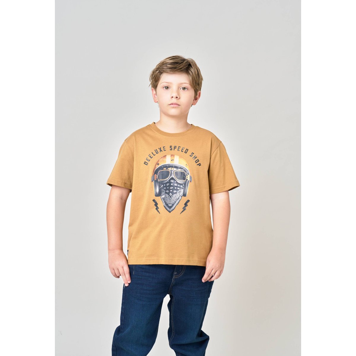 T-shirt garçon en jersey 100% coton imprimé biker HELMUP bronze, DEELUXE
