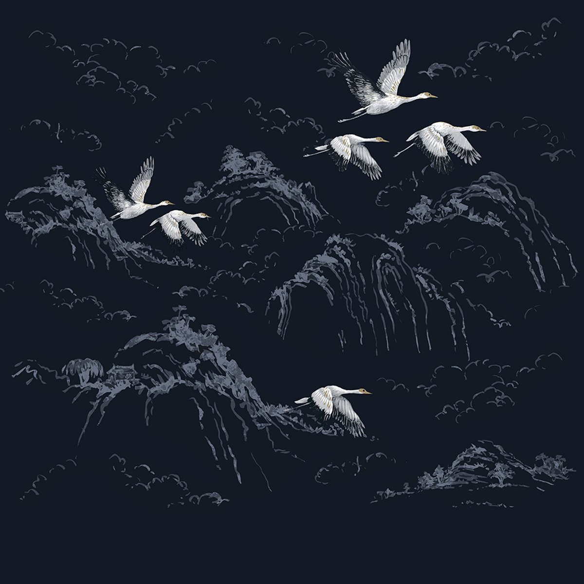 Papier peint panoramique Oiseaux Grues Animalia bleu, LAURA ASHLEY