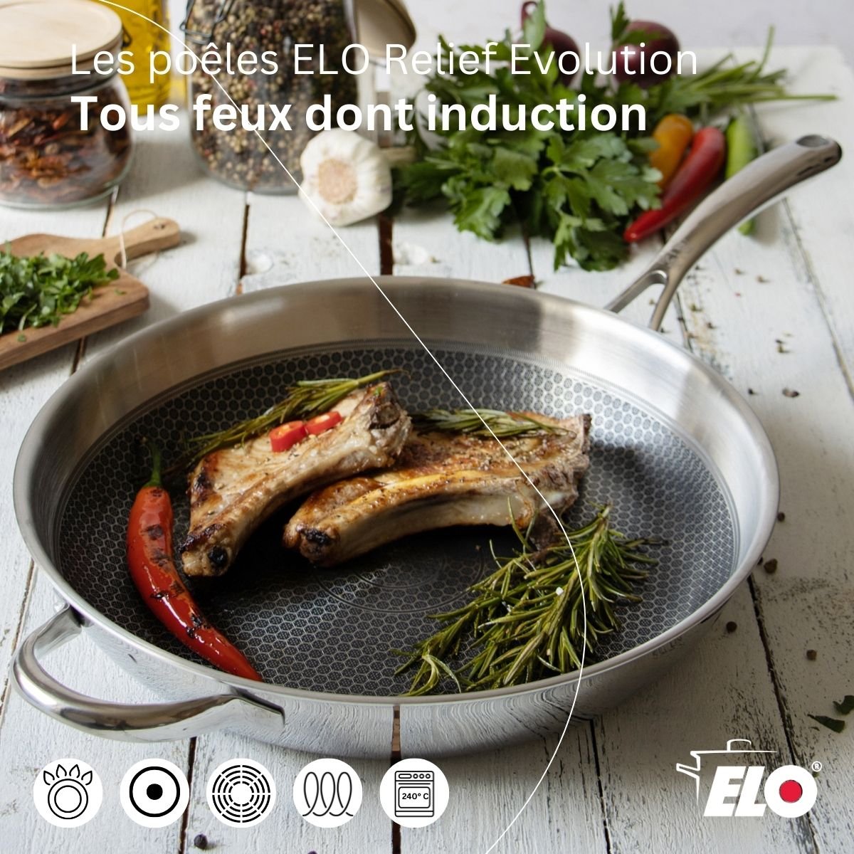 Poêle wok 30 cm en inox 18/10 RELIEF EVOLUTION inox, ELO