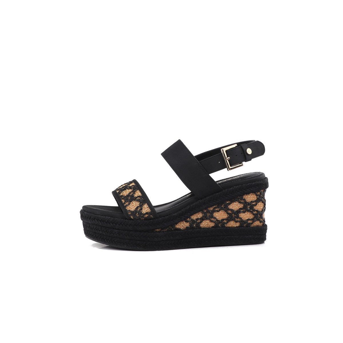 Sandale compensée avec brides texturées noir, LOLA CASADEMUNT