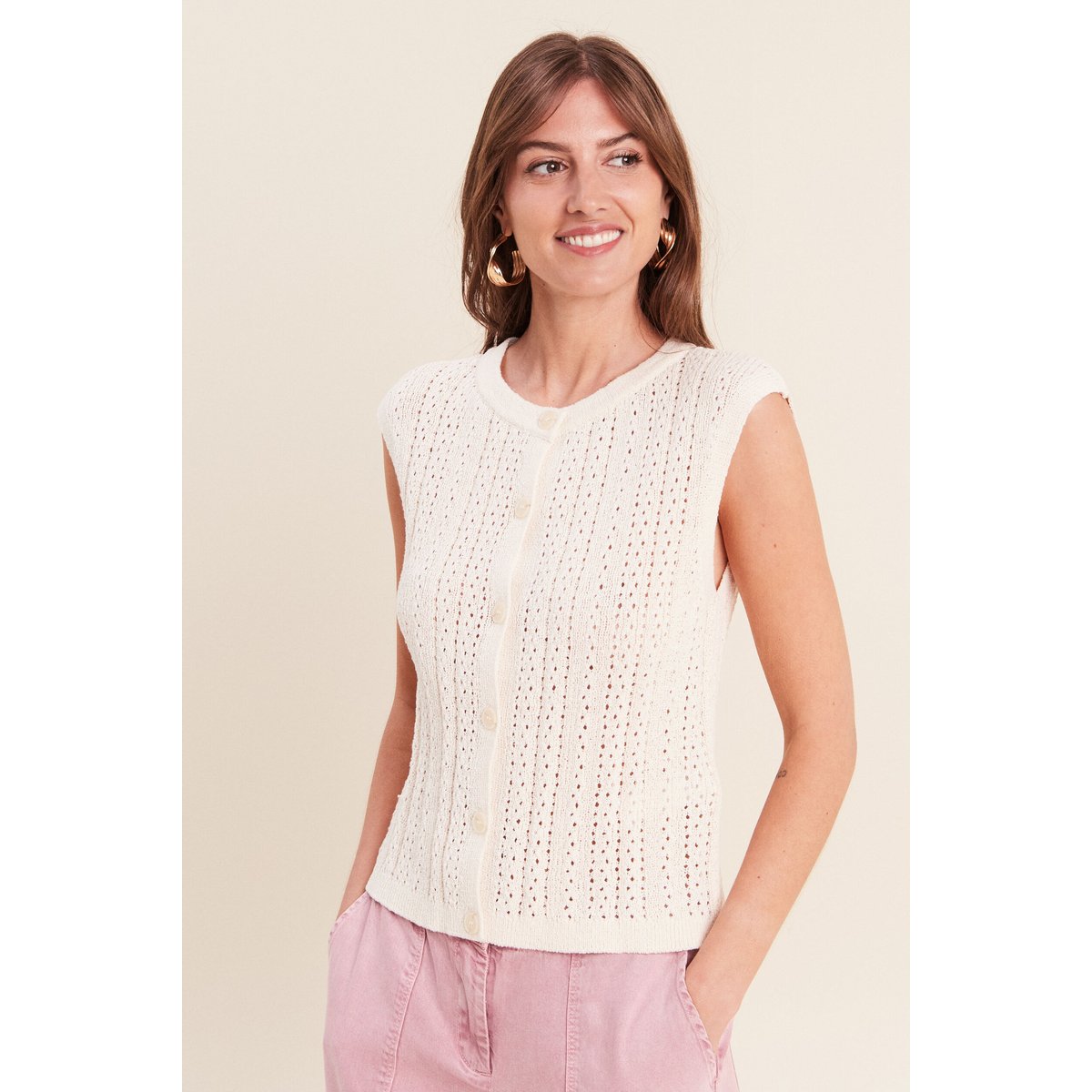 Gilet ajouré droit court col rond ecru, BREAL