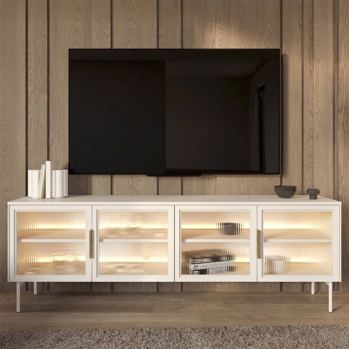 Meuble tv vitré LUMI avec éclairage LED cachemire, RECOLLECTION