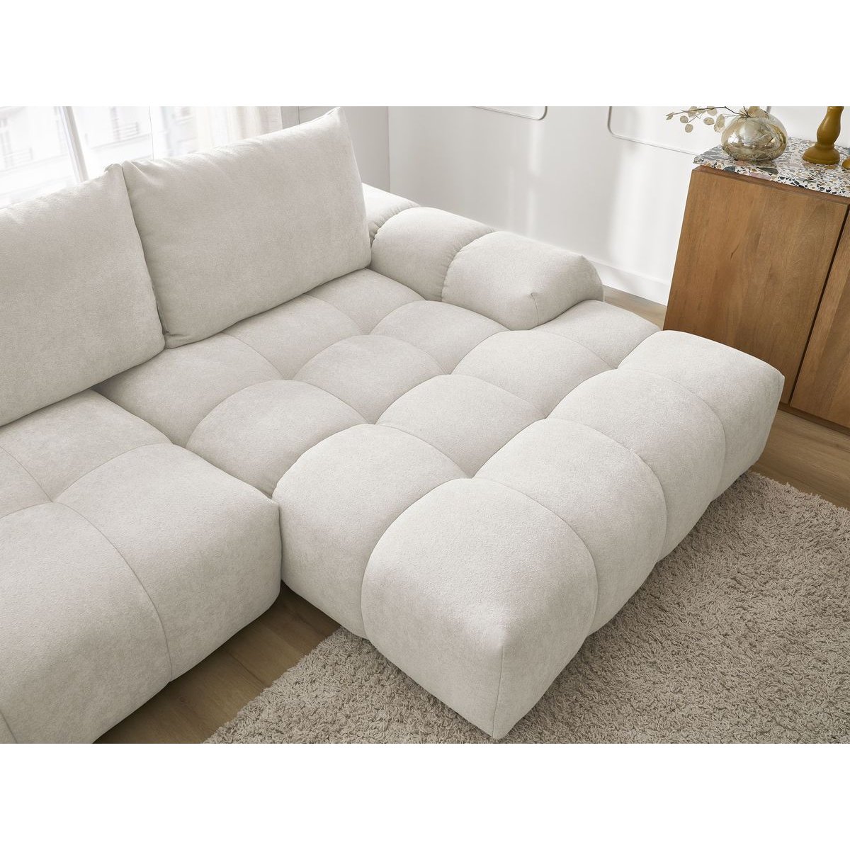 Canapé d'angle convertible 3 places en tissu texturé, EVEREST blanc, BOBOCHIC