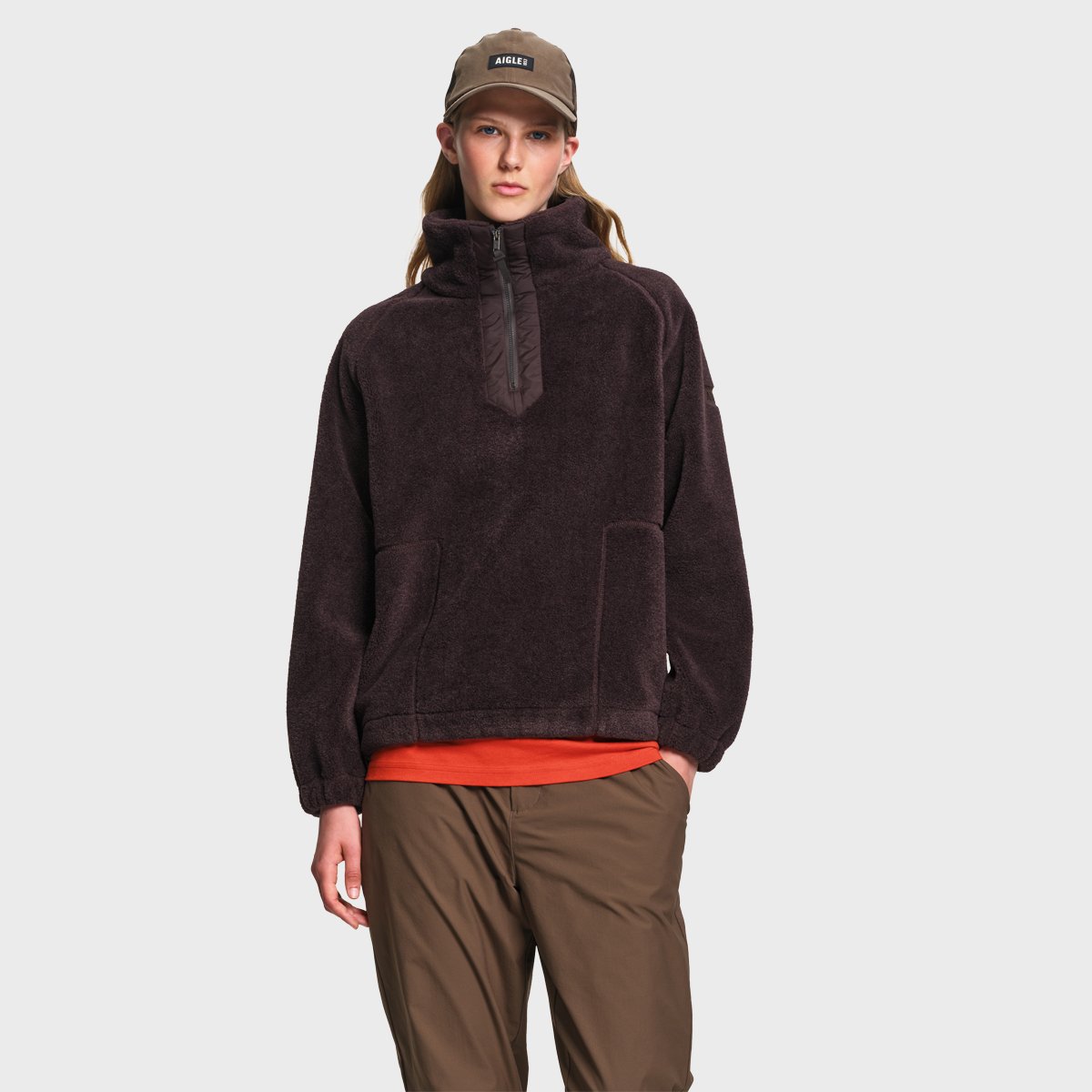 Polaire half-zip sherpa coupe ample épaules tombantes brun, AIGLE