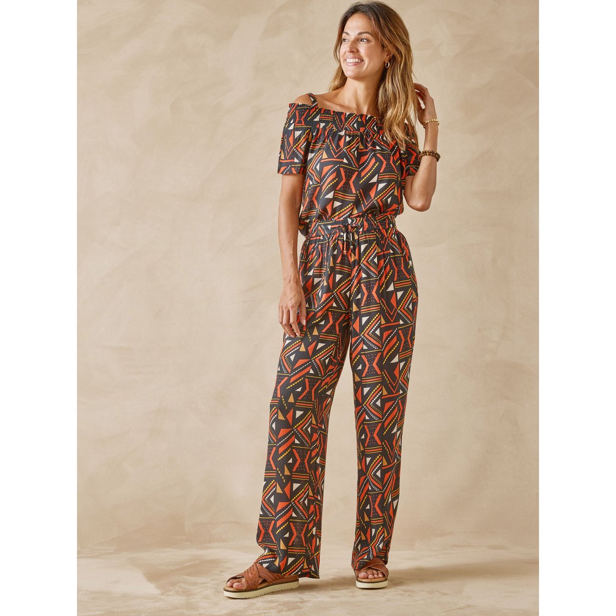 Pantalon élastiqué large et fluide imprimé marron, DAXON
